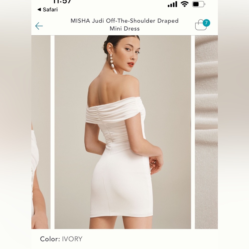 MISHA - Judi off the shoulder draped slinky mini dress. Cream color size US 6 - Picture 7 of 8